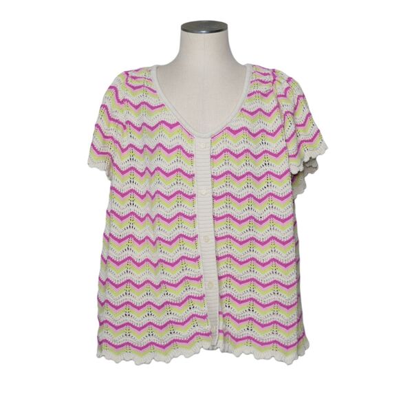 Torrid Women's Sz 6 Crochet Loose Knit Flutter Sleeve Zigzag Top Pink White EUC - Picture 2 of 16